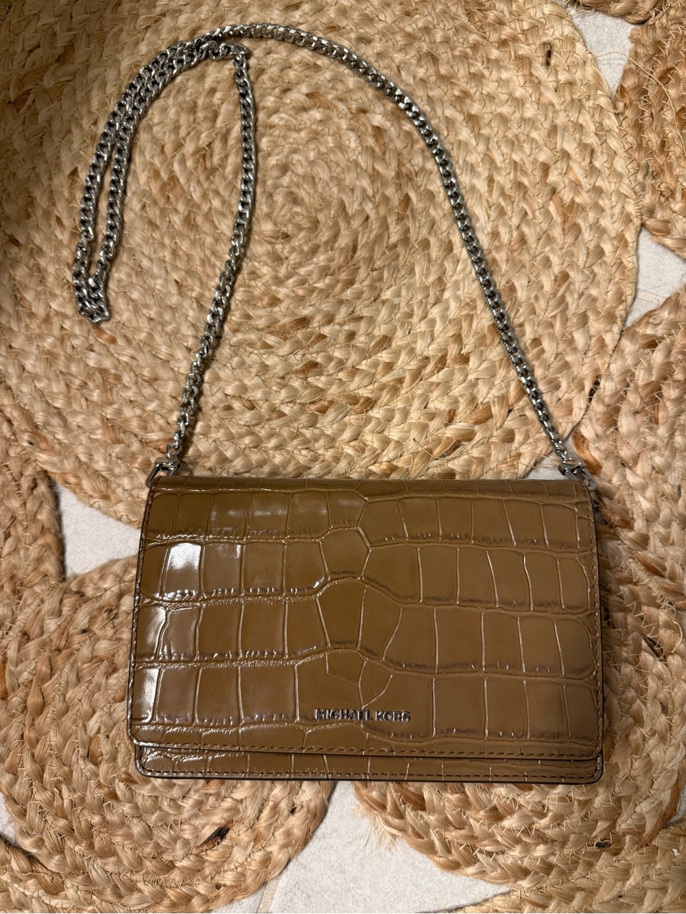 Michael Kors Croc-Embossed Olive Brown Chain Crossbody
